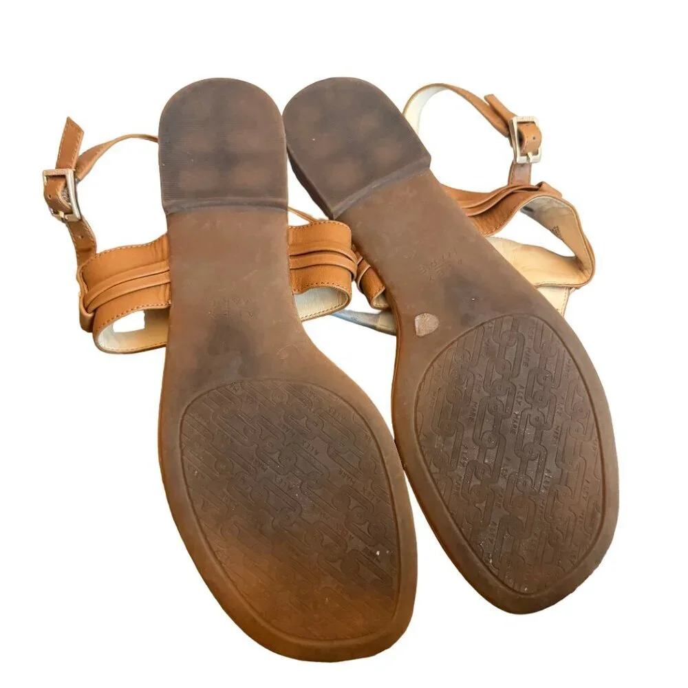 Alex Marie Tan Brown Flat Leather Sandals Buckle Comfort Classic Size 9 Women's